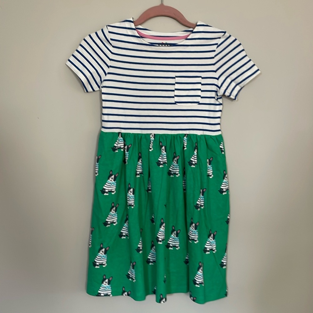 Mini Boden Short-Sleeve Jersey Dress - Blue Stripe French Bulldogs